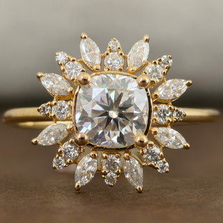 Cushion cut cluster 1.59 TCW Moissanite Diamond Engagement Ring with Marquise and Round cut Side Stones