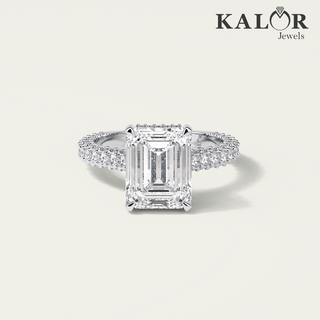 4.59 TCW Eternal Elegance Emerald cut hidden halo pave Moissanite Diamond Engagement Ring with round cut side stones