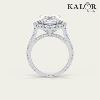 Captivating Splendor 7.11 TCW Pear Cut hidden halo & pave Moissanite Diamond Engagement Ring with Round cut Side Stones