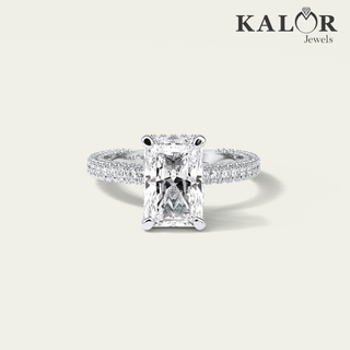 radiant reflection 3.46 tcw radiant cut hidden halo & pave moissanite diamond engagement ring with round cut side stones