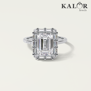Exquisite 3.31 TCW Emerald Cut Moissanite Diamond halo Engagement Ring with baguette&round cut side stones Accents