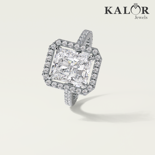 Elegant 4.27 TCW Radiant Cut Moissanite Diamond hiddenhalo&pave Engagement Ring with round cut side stones Accents