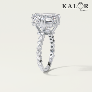 Majestic 7.71 TCW Emerald Cut Moissanite Diamond hidden halo & pave Engagement Ring with round cut side stone Accents