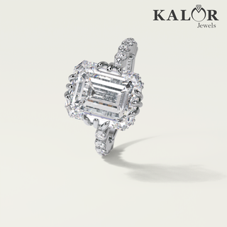 Majestic 7.71 TCW Emerald Cut Moissanite Diamond hidden halo & pave Engagement Ring with round cut side stone Accents